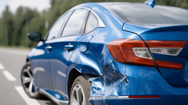 Blue sedan rear damaged after collision