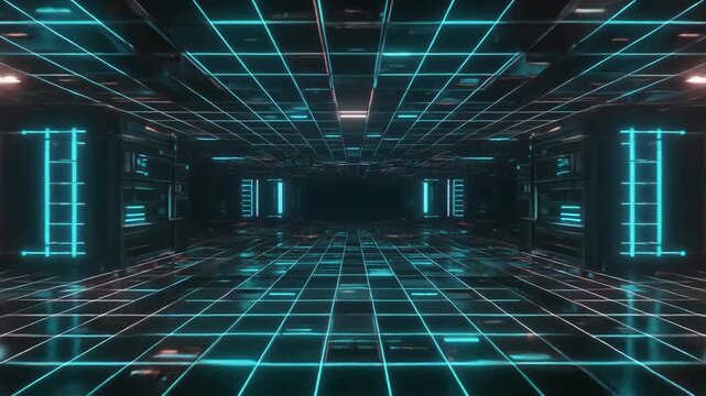 Futuristic neon grid tunnel in cyberspace.