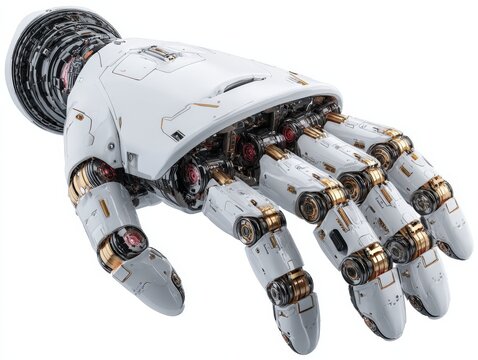 Detailed render of a white robotic hand with intricate mechanical components, showcasing advanced technology and design, isolated on a white background