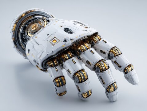 Render of a white robotic hand with intricate mechanical details and gold accents, positioned against a plain background, showcasing advanced technology and design