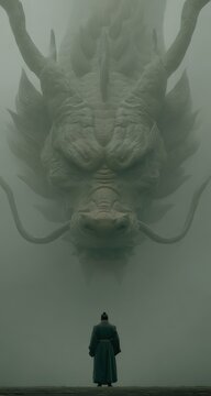 Mystical dragon looming over a figure in traditional attire, surrounded by fog in an ethereal landscape, creating a dramatic and mythical atmosphere