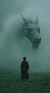 Individual in red robe stands in foggy landscape facing a large, mythical dragon sculpture with intricate details, surrounded by mist and grass