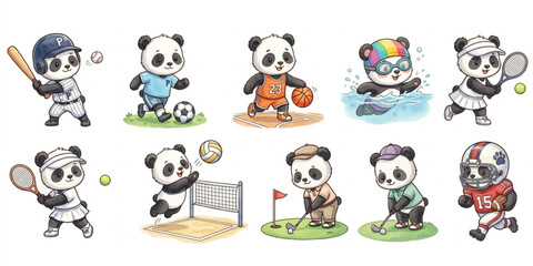 Fototapeta premium Set of funny cartoon cute Panda animals in playful sports vector style featuring smiling characters for kids toy illustration collection