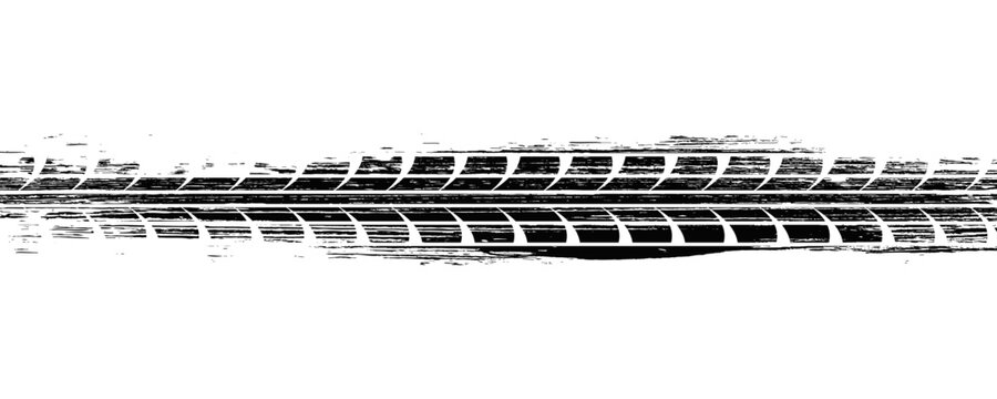 Black tire marks on road, Black rubber tire marks and tread marks, Tire trace track wheels texture and background, Auto tire tread grunge, Car wheel tyre tread track black tyre print, Top view.