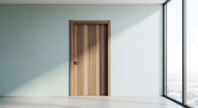 Interior shot of a room with a wooden door, large window, and light-blue wall