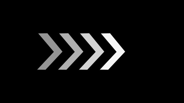 Rightward pointing chevron arrows with gradient white and grey on black background for modern graphic element with motion graphic with seamless loop