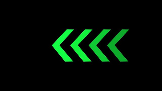 Smooth of left pointing chevron arrows with green gradient on a solid black background for digital interface element with motion graphic with seamless loop