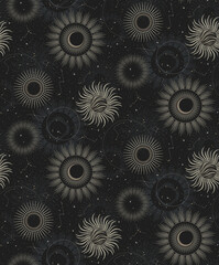 Seamless celestial background, golden suns and mystical constellations shining in the jet-black cosmos © shimpei