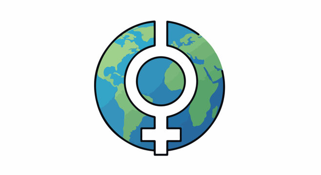 Illustration of a female symbol superimposed on a globe with blue oceans and green continents on a white background.