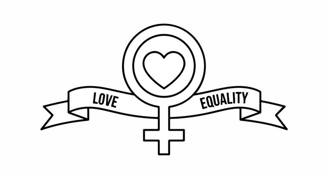 Line art illustration of a female symbol with a heart in a circle and ribbons reading 'LOVE' and 'EQUALITY' on a white background.