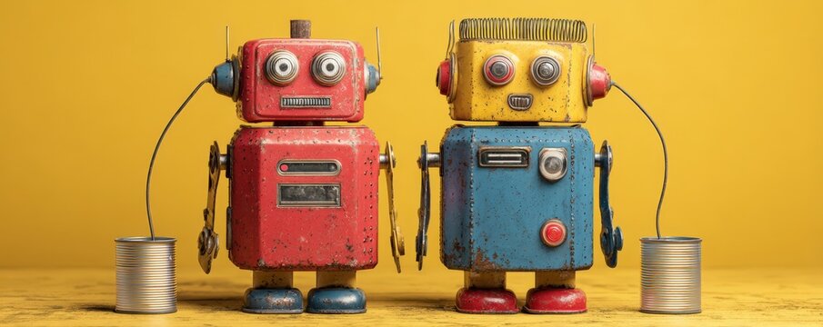 Two retro robots in red and yellow colors talking on the phone with tin cans connected by strings against a bright yellow background