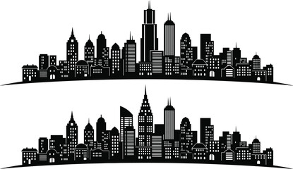 Black city skyline silhouettes with skyscrapers and urban buildings on a curved horizon line vector illustration set isolated on a white background © Mou