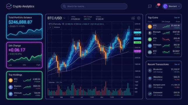 Modern digital analytics interface displaying real-time cryptocurrency market data, interactive financial charts, and portfolio insights for informed investment strategies