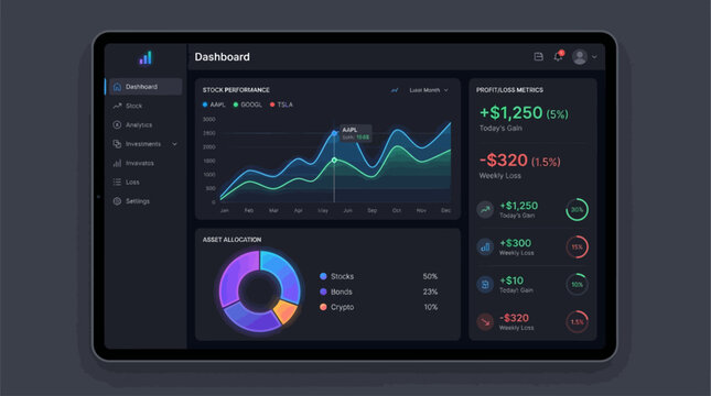 Modern dark mode financial dashboard UI design with charts and graphs on a tablet screen, showcasing analytics and data visualization for business insights