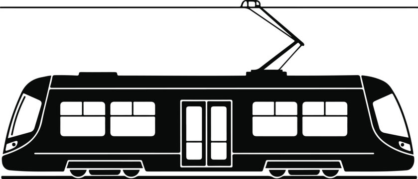 A black and white side profile vector illustration of a modern electric city tram or light rail isolated on transparent background, Vector