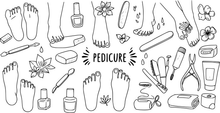 Beauty and Spa Pedicure Themed Black  White Line Art Doodle Collection with Feet and Nail Care Tools