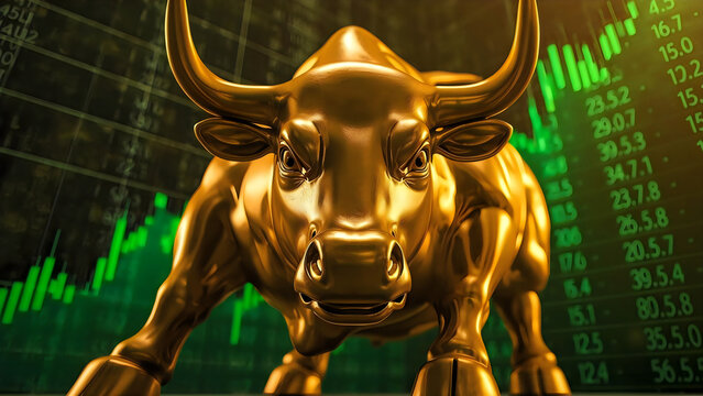 A golden bull statue representing a bull market in the stock exchange with green graphs