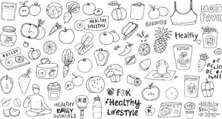 Naklejka premium Health and Wellness Hand-Drawn Black and White Line Art Doodles: Healthy Lifestyle, Food, Nutrition, and Fitness Elements Collection