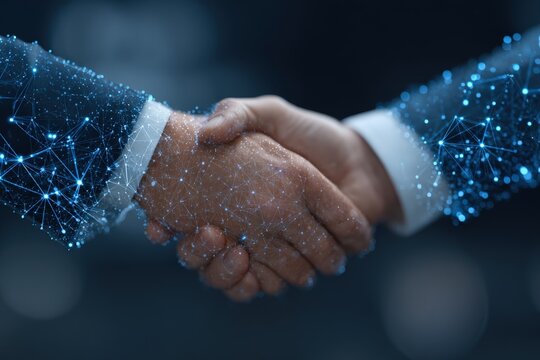 Businessman hand shaking with digital technology connection, showcasing a network of data points and lines, symbolizing partnership and collaboration in a modern business environment