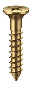 Gold screw with cross shaped slot on head metal hardware fastener isolated on a transparent background
