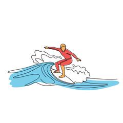 Fototapeta premium Surfer Riding Wave, One Line Drawing Style, Dynamic Action, Ocean Sport