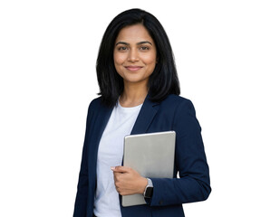 Obraz premium Professional female consultant smiling and holding a silver tablet, isolated png cutout on transparent background