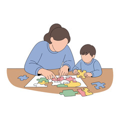 Fototapeta premium Mother and Child Solving Jigsaw Puzzle Together, Family Bonding and Learning Activity
