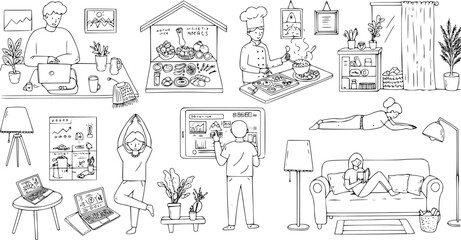 Obraz premium Modern Digital Lifestyle, Health, and Wellness Activities Black and White Hand-Drawn Line Art Illustration Set for Home Office and Self-Care