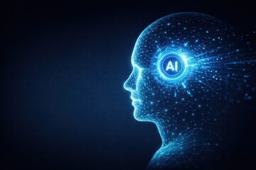 Obraz premium Artificial Intelligence Human Head with Data Flow and Neural Network Visualization