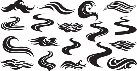Fototapeta premium Collection of black swirling wave and smoke graphic design elements