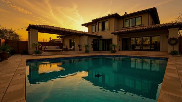 A luxurious stucco residential estate featuring a large swimming pool reflecting a dramatic golden hour sunset with implied motion from water ripples video footage