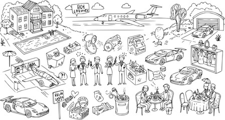 Naklejka premium Black and White Line Art Illustration of Luxury Lifestyle Elements - Cars, Mansions, Jets