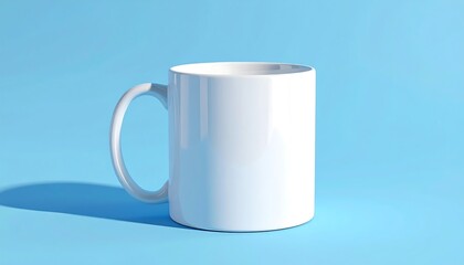 Fototapeta premium Blank white mug on light blue background, perfect for mockup and presentation