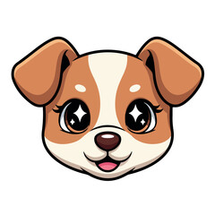Fototapeta premium Cartoon illustration of a cute dog's face with big eyes and a cheerful expression against a clean white background.