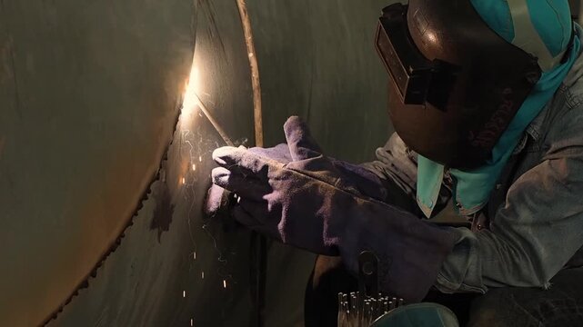 A person welds a metal pipe in an industrial setting. The worker wears protective gear and focuses on the task as sparks fly. Tools and equipment are nearby, showing a busy work area