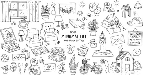 Obraz premium Minimalist Hand-Drawn Lifestyle Vector Icons: Home, Yoga, Nature, and Comfort