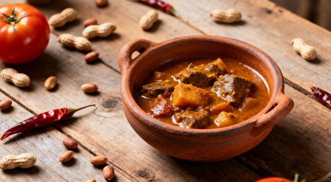 Hearty Beef Stew in Rustic Bowl with Peanuts and Chili Peppers