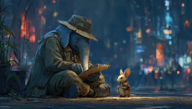 Elephant character in a hat reading a book while sitting on the ground next to a small mouse in a jacket, illuminated by colorful city lights at night
