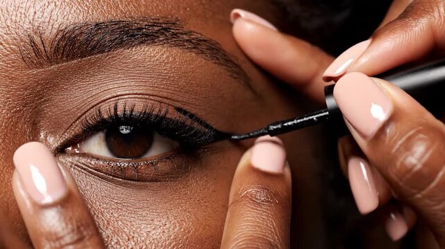 Close-up of a person applying dark liquid eyeliner to their upper eyelid with a small brush, creating a precise wing