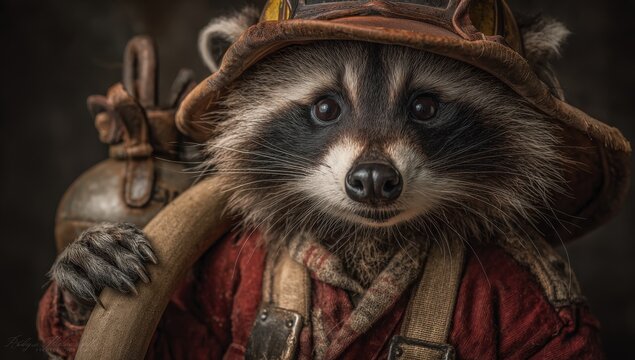 Raccoon dressed in firefighter uniform holding a fire hose, wearing a helmet, with a vintage fire extinguisher visible in the background
