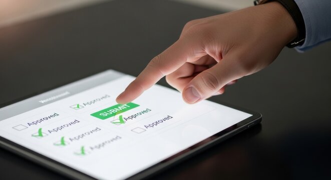 Seamless digital approval: fingertip tapping tablet checklist with glowing approved status, representing e-signatures, online forms and streamlined business workflow


