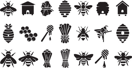 Obraz premium Bee icons and honeycomb illustrations in black and white