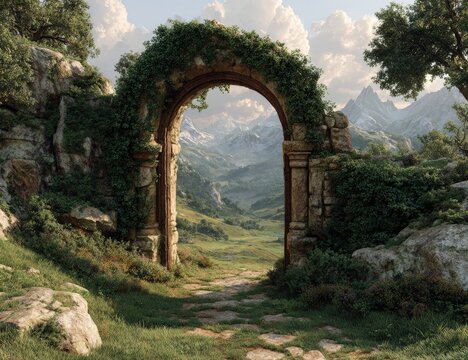Stone archway covered in ivy leading to an expansive open field with mountains in the distance, showcasing a serene natural landscape