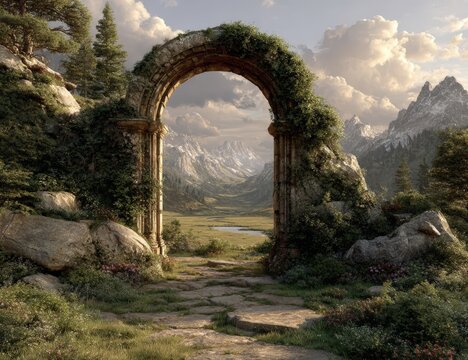 Stone archway covered in ivy leading to an expansive open field with mountains in the background, showcasing a serene natural landscape