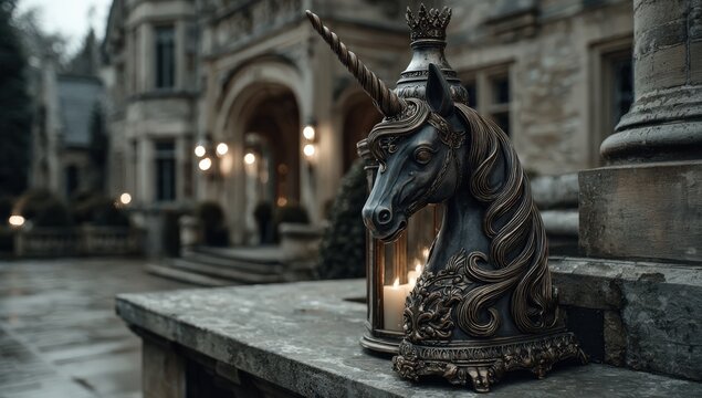 Victorian style unicorn lantern with ornate metal horn placed on stone ledge outside a grand mansion, illuminated by soft light from the lantern