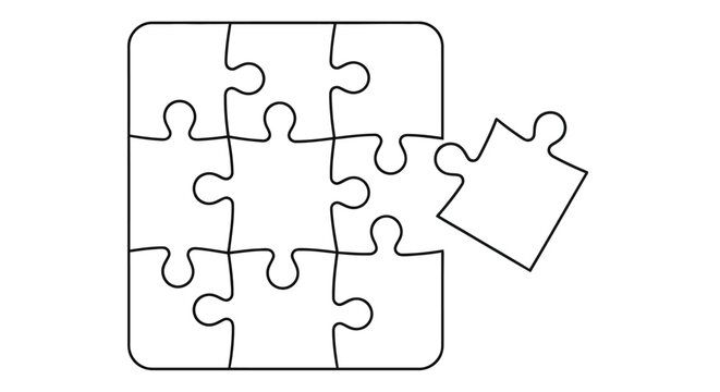 A partially completed jigsaw puzzle with one piece missing depicted in black lines