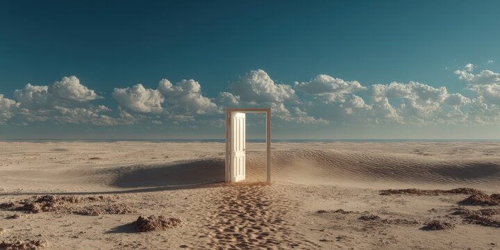 White door standing alone in the middle of an endless desert landscape with soft sand dunes and a clear blue sky filled with fluffy clouds in the background
