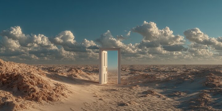 White door standing alone in an endless desert landscape with sandy terrain and dramatic clouds under a clear blue sky, creating a surreal visual contrast