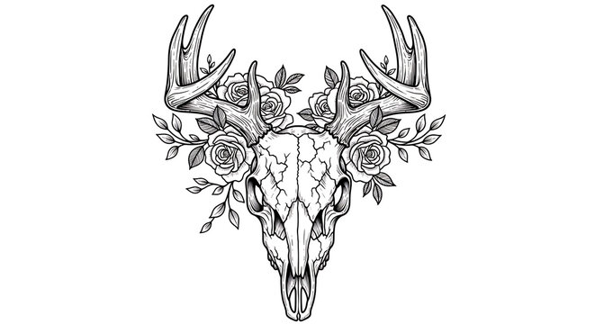 Detailed black and white illustration of a deer skull with large antlers adorned with blooming roses and delicate leaves, presented as a gothic nature art piece.