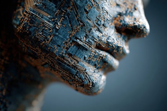 Abstract digital human profile composed of circuit board patterns and intricate details, showcasing a blend of technology and artistry in a close-up view